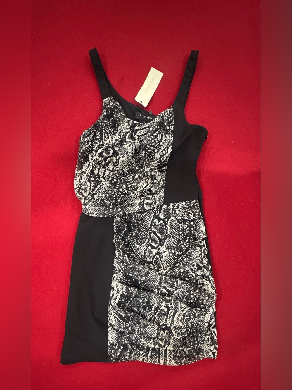 MISS ME COTURE Paneled Snakeskin Ruffled Minidress Style# MMCD1105